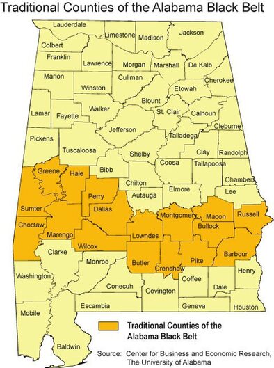 Traditional Counties of the Alabama Black Belt spanning 17 counties in a horizontal line across the state. 